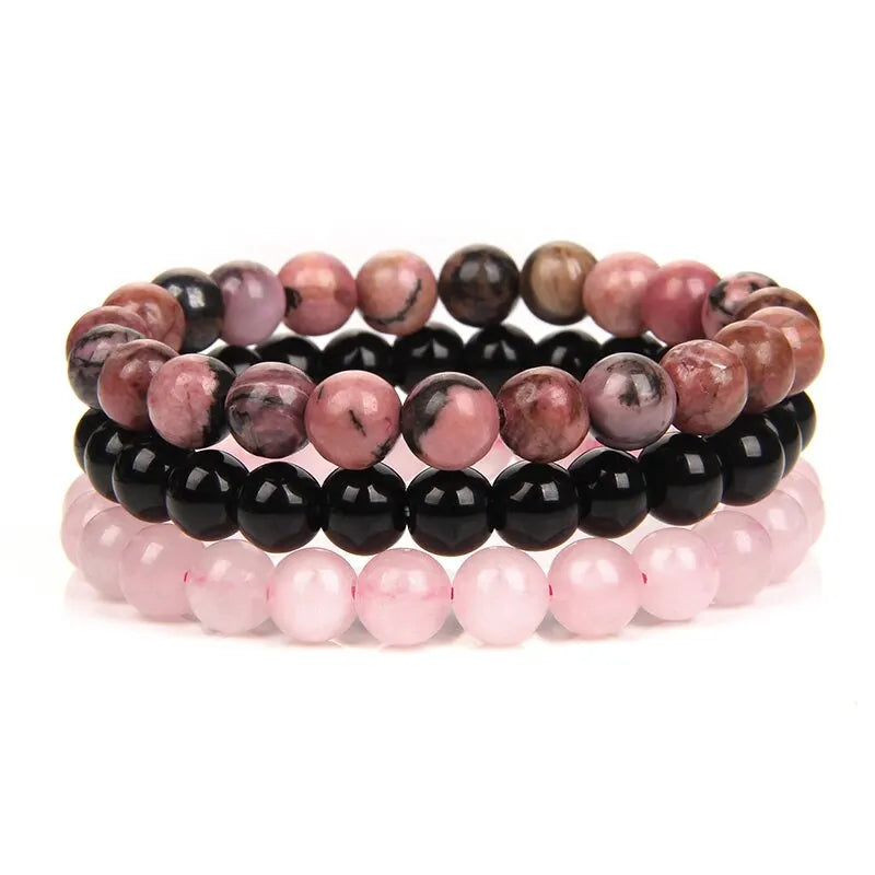 Tibetanische Armbänder Trio - Rhodonit - Onyx - Ros quarz - Tibetwelt