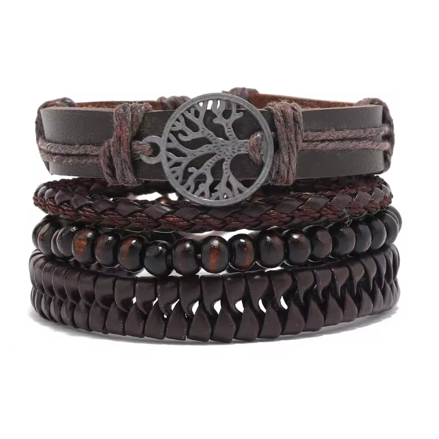 Set mit 4 Armbändern, Lebensbaum-Design aus Holz, schwarzem und braunem synthetischem Leder sowie geflochtenem Cord - Tibetwelt