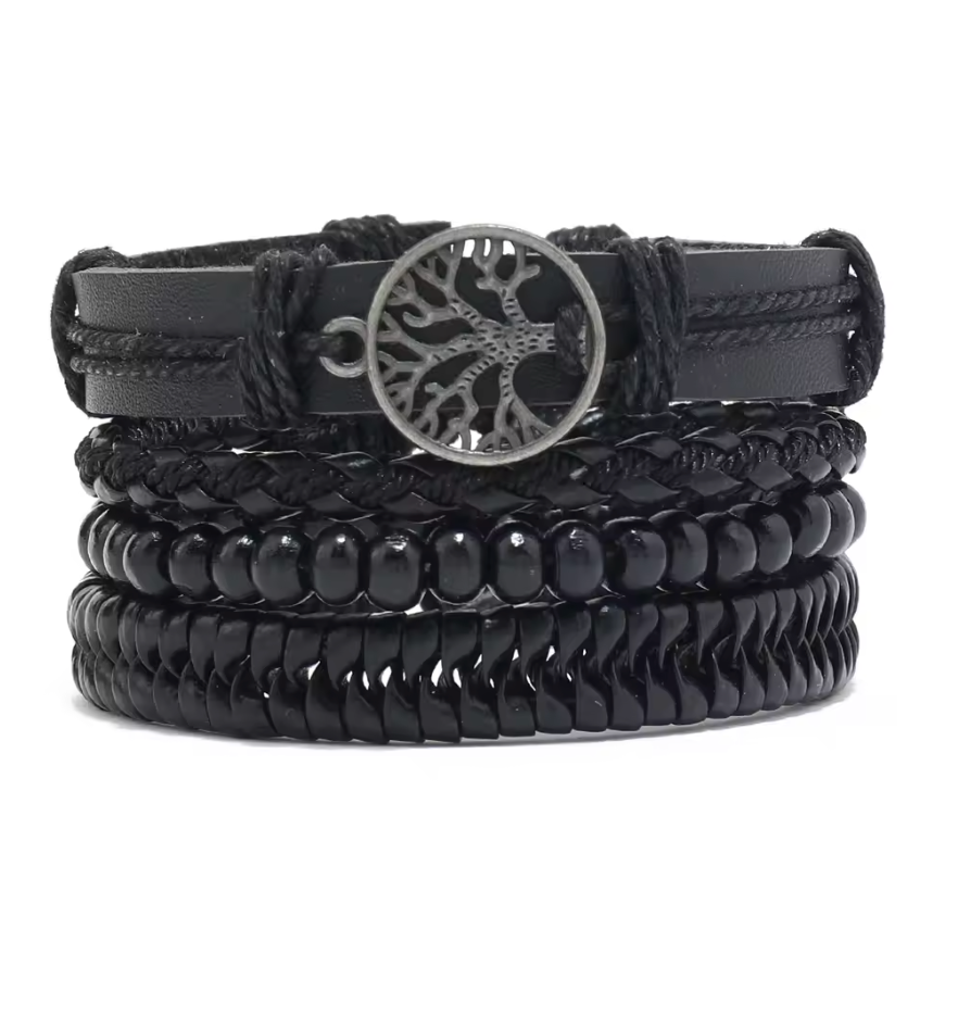 Set mit 4 Armbändern, Lebensbaum-Design aus Holz, schwarzem synthetischem Leder und schwarzem geflochtenem Cord - Tibetwelt