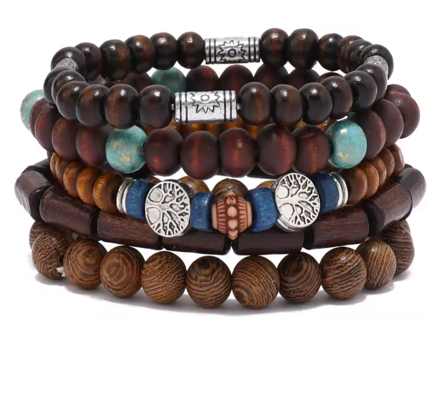 Set mit 5 Armbändern, Lebensbaum-Perlen aus Holz und bunten Perlen - Tibetwelt