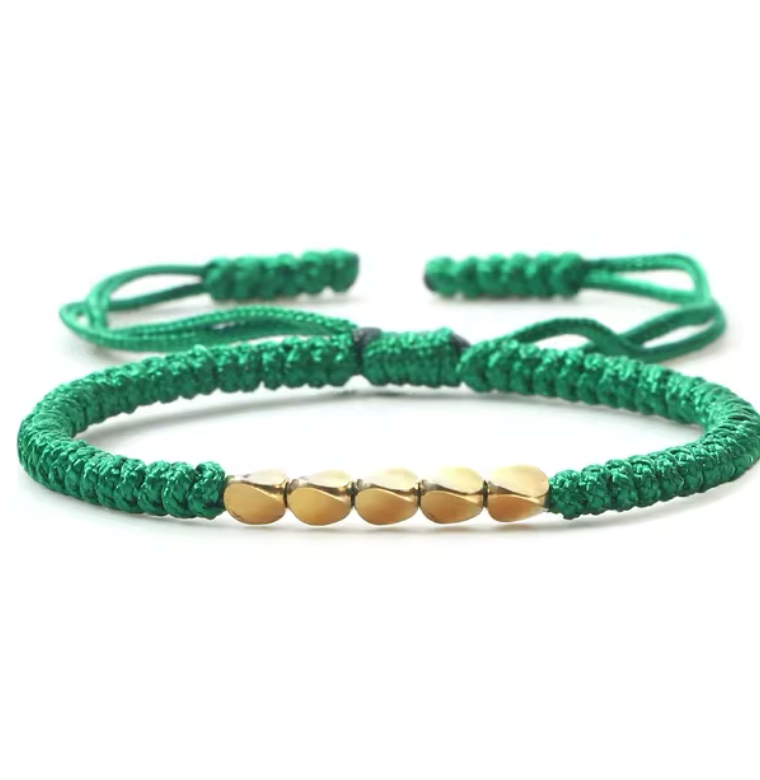 Tibetisches Glücksbringer-Armband aus Gold mit grünen Kupferperlen - Tibetwelt