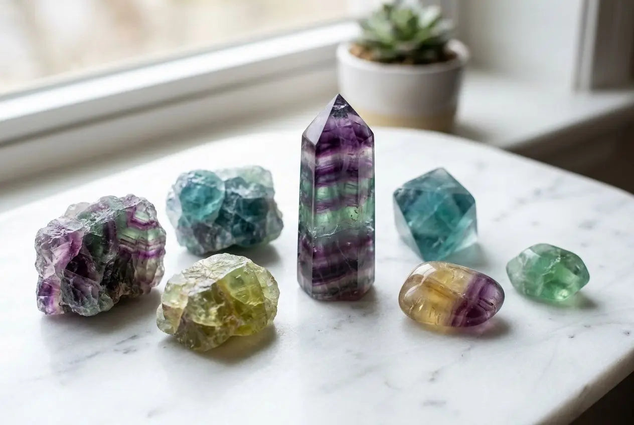 Groupe de pierres de fluorite multicolores sur une table: quartzs prismatiques violets au centre, sphères et morceaux transparents vert et jaune, ambiance lumineuse.