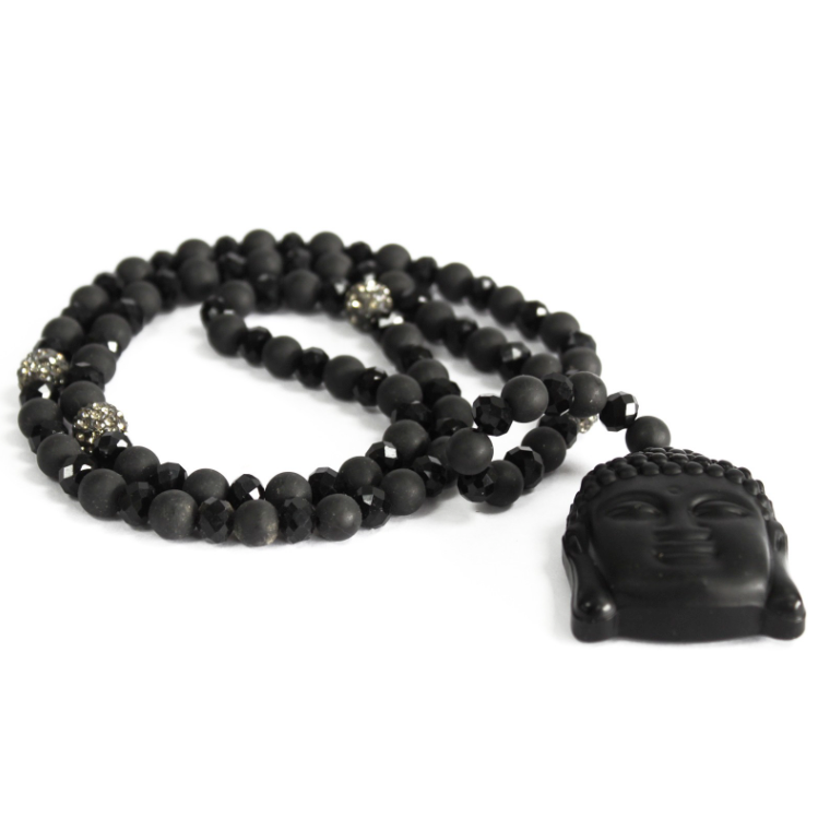 tibetanischer Mala aus schwarzem Stein mit Buddha-Kopf