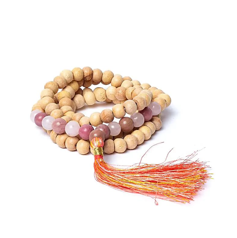 Mala aus Tulsi, Thulite und Rosenquarz - Tibetwelt